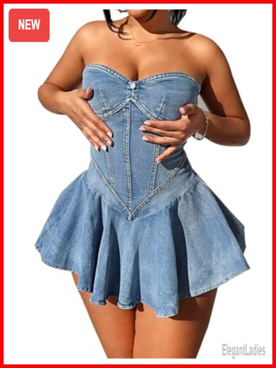 Dresses & Skirts - Strapless Backless Tube Denim Mini Dress Corset Bodycon Clubwear